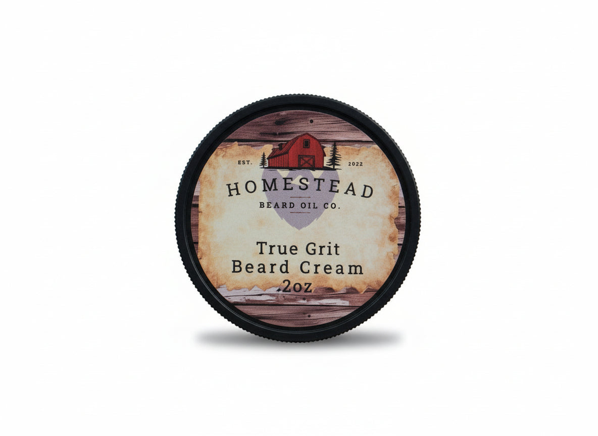 Homestead Beard Oil Co. True Grit Beard Cream container on a field background