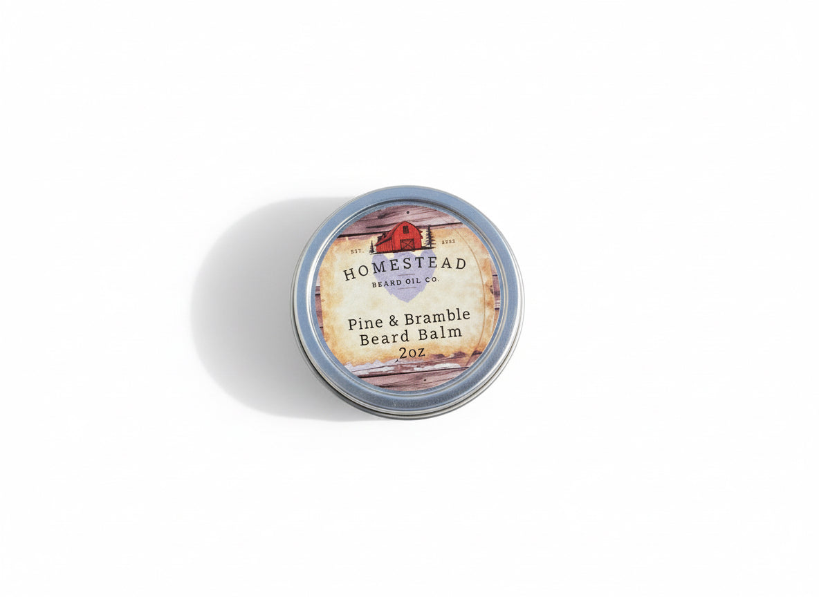 Homestead Beard Oil Co. Pine & Bramble Beard Balm container on grass