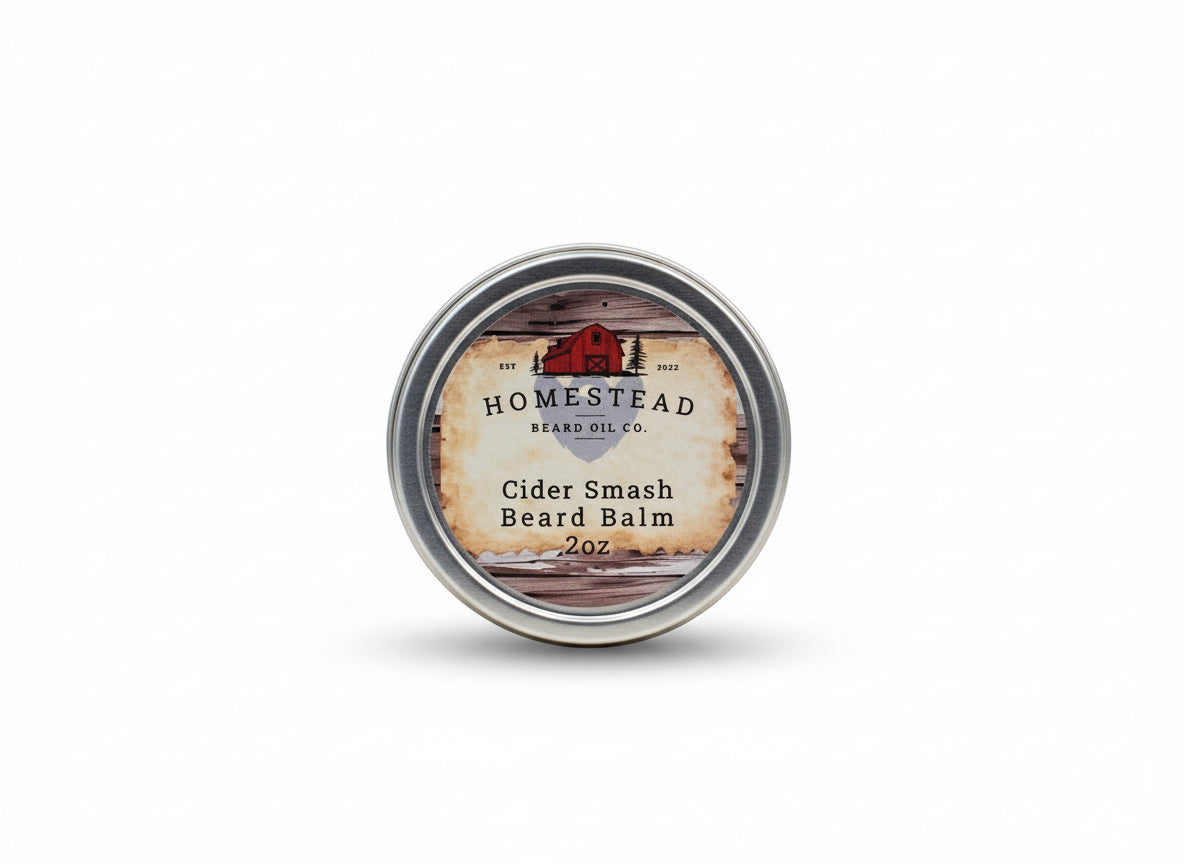 Homestead Beard Oil Co. Cider Smash Beard Balm container on a natural background with a cloudy sky.
