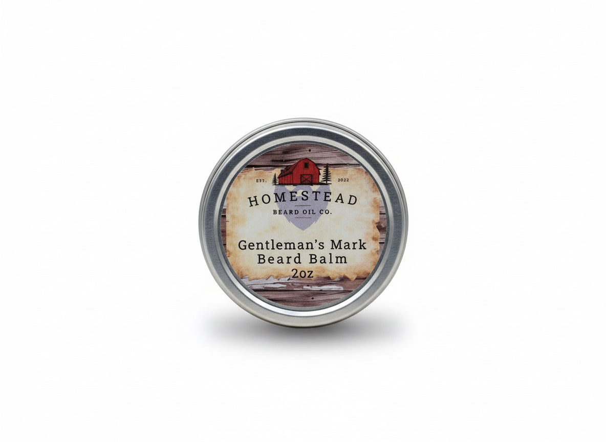 Homestead Beard Oil Co. Gentleman's Mark Beard Balm container on a natural background with a field and sky in the background.