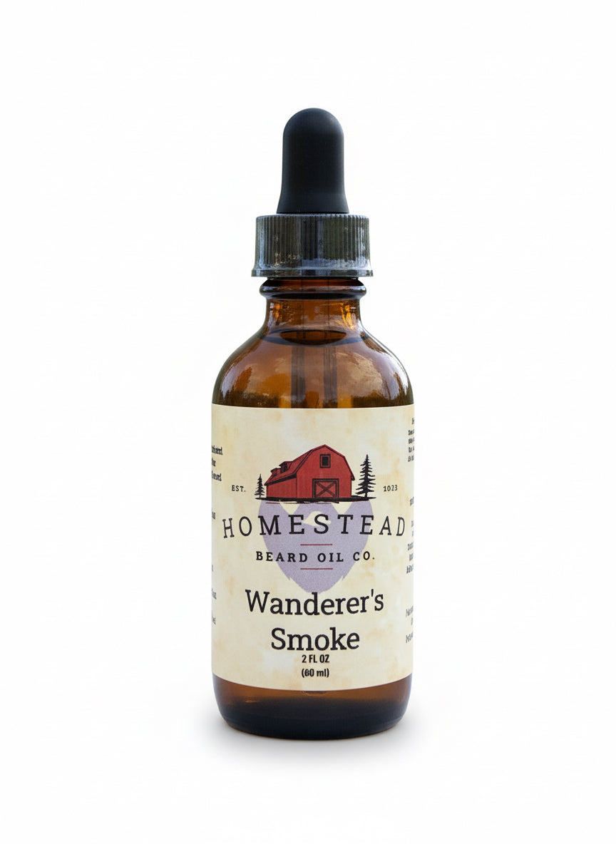 Bottle of Homestead Beard Oil Co. Wanderer's Smoke oil on a rustic background