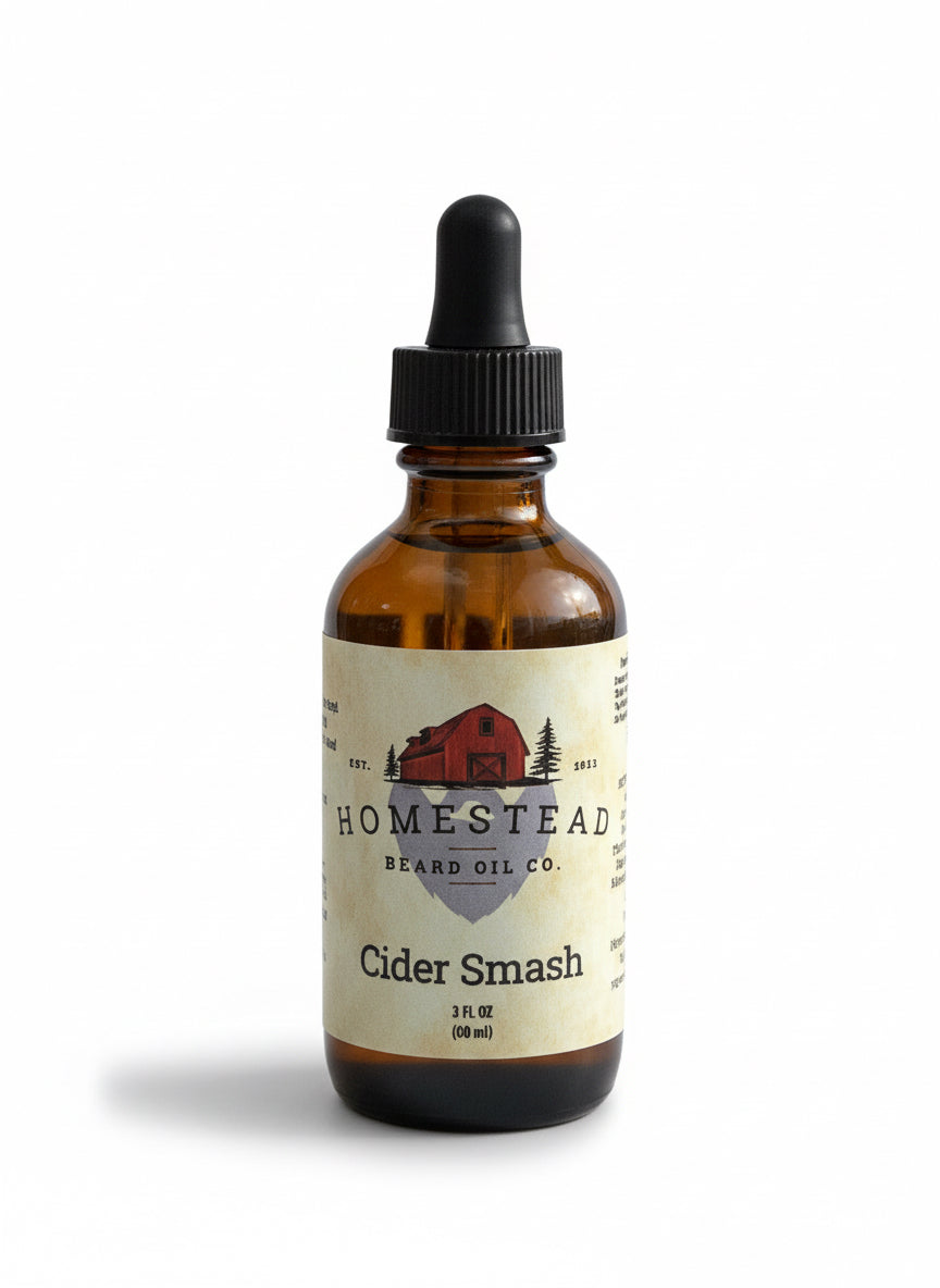 Bottle of Homestead Beard Oil Co. Cider Smash on a grassy field with a blue sky.