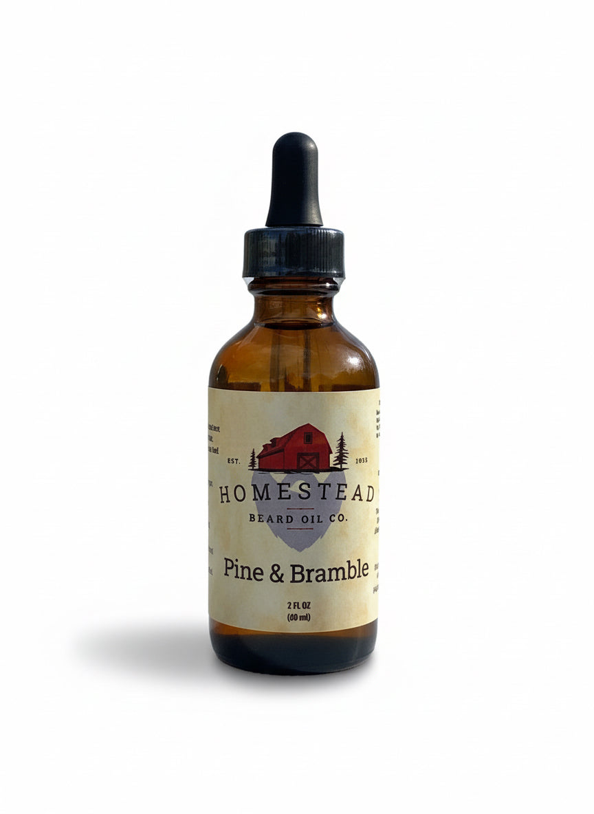 Bottle of Homestead Beard Oil Co. product against a natural background