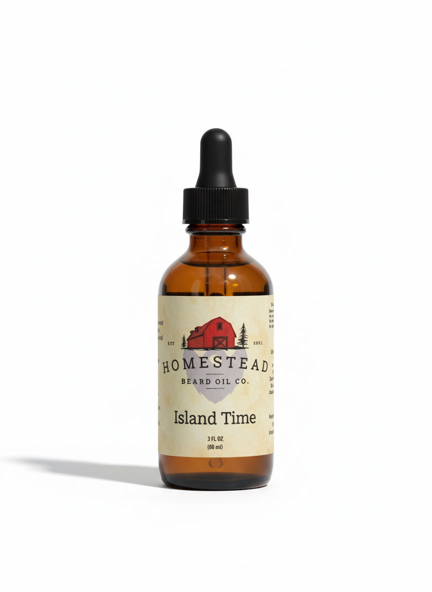 Bottle of Homestead Beard Oil Co. Island Time oil on a field background