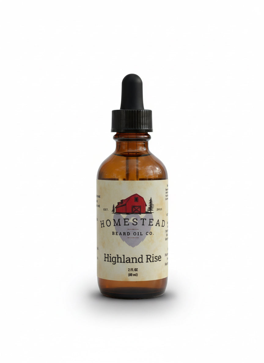 Bottle of Homestead Beard Oil Co. Highland Rise beard oil on a grassy background