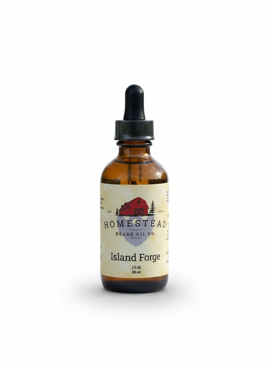 Bottle of Homestead Beard Oil Co. Island Forge on a grassy field with barrels in the background