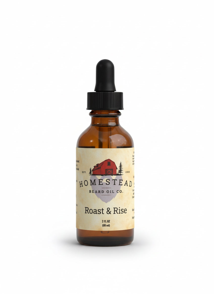 Bottle of Homestead Brand Oil Co. Roast & Rise oil with a field and blue sky in the background