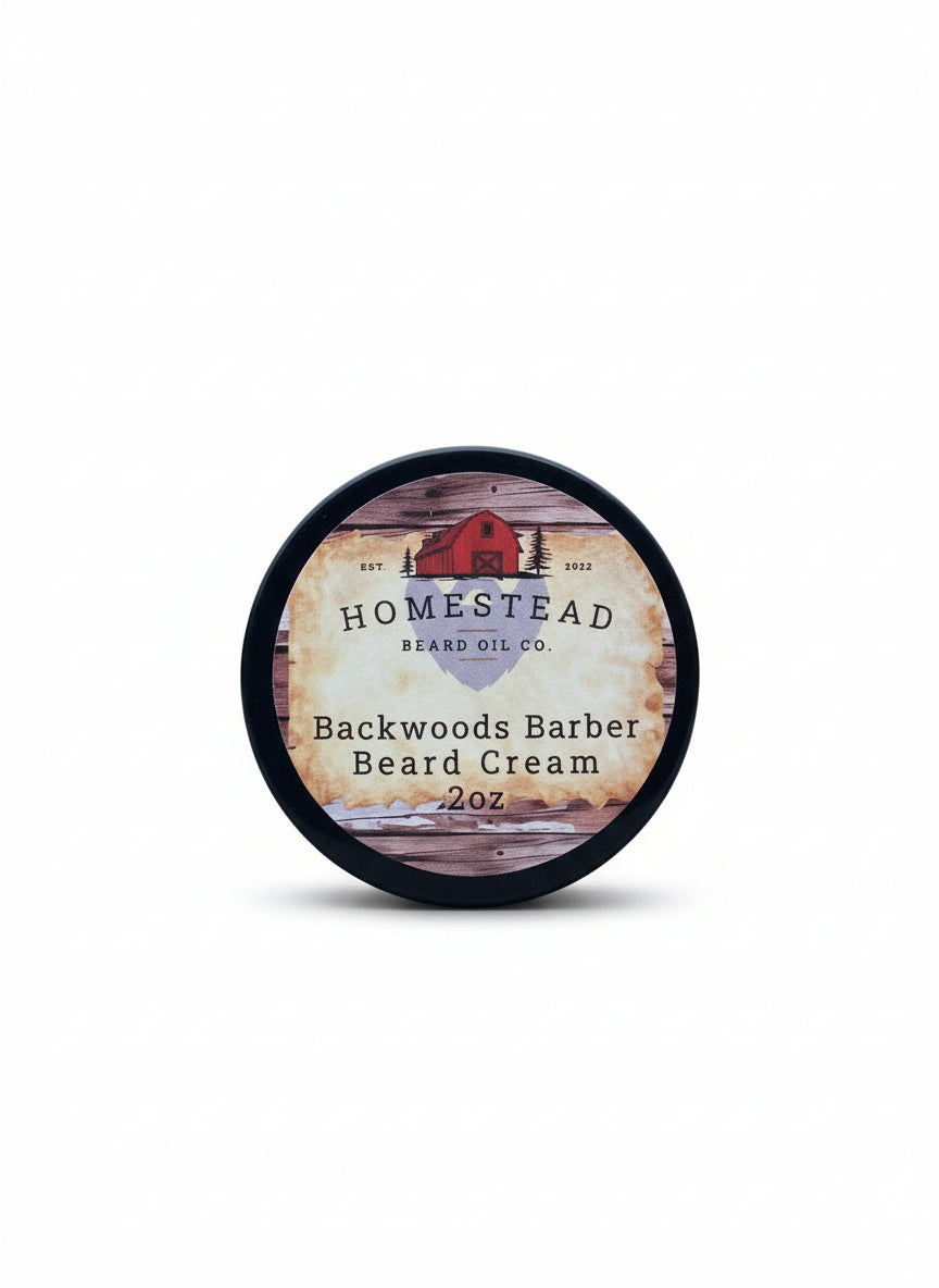 Homestead Barber Co. Backwoods Barber Beard Cream container on a hay bale with a scenic background