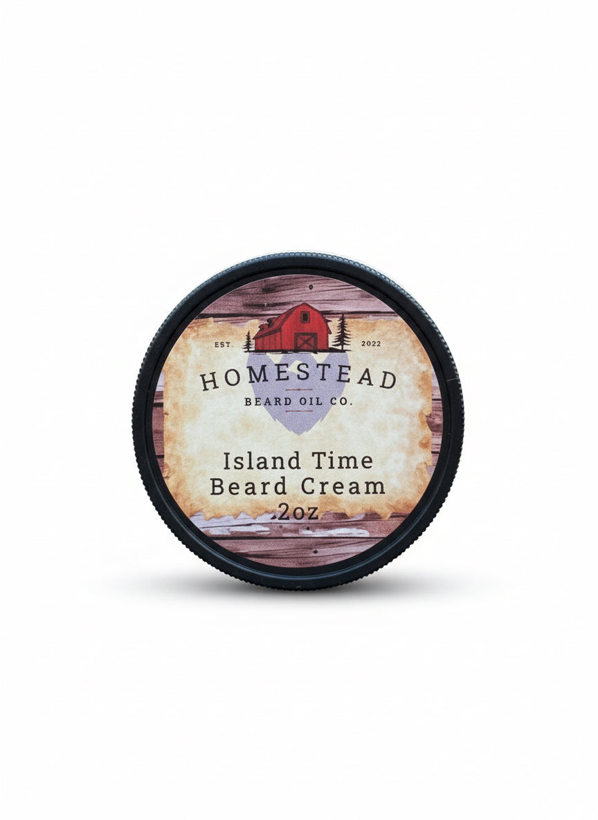 Homestead Island Time Beard Cream container on a hay bale with a scenic background