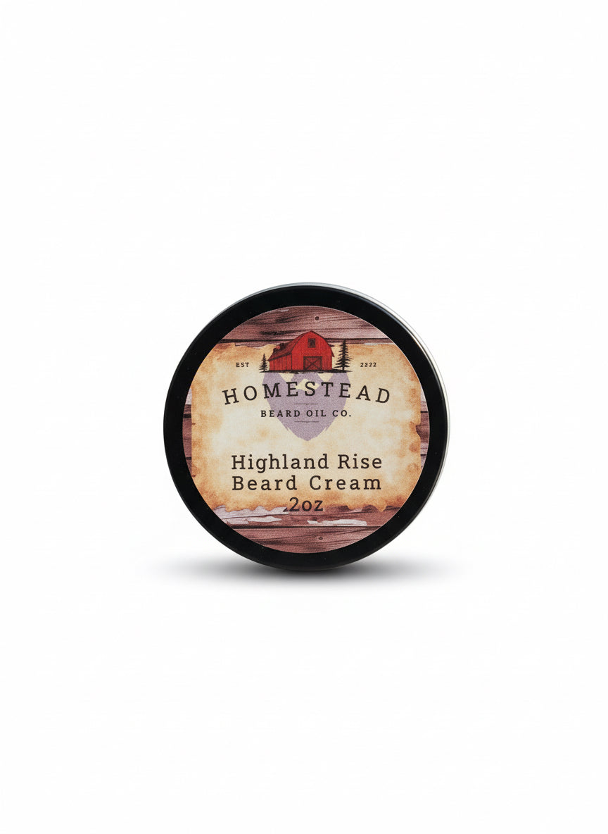 Homestead Brand Co. Highland Rise Beard Cream container on a hay bale with a blurred natural background
