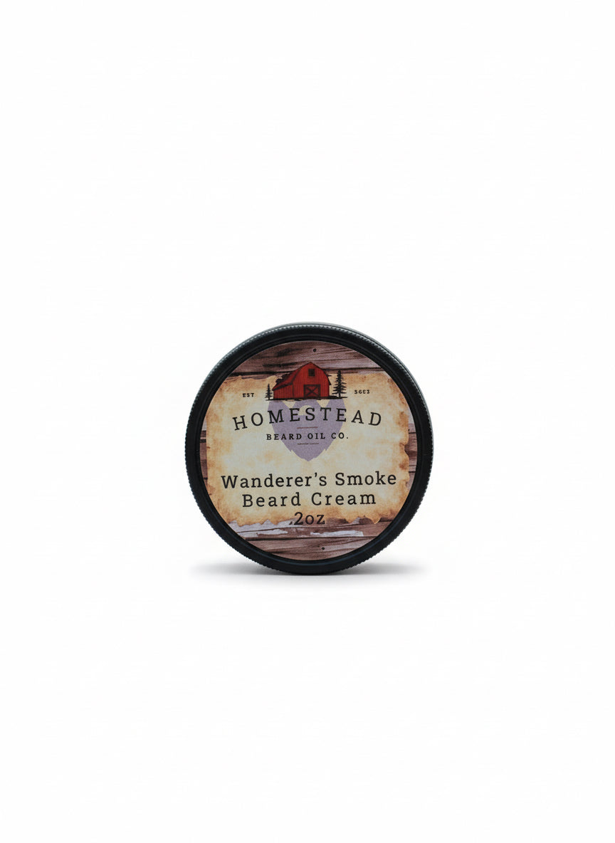Beard cream container with 'Homestead Beard Oil Co.' label on grass