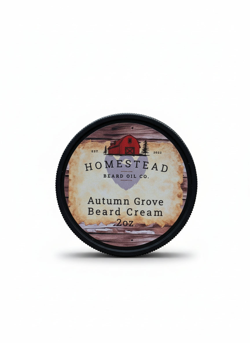Homestead Beard Oil Co. Autumn Grove Beard Cream container on a grassy background