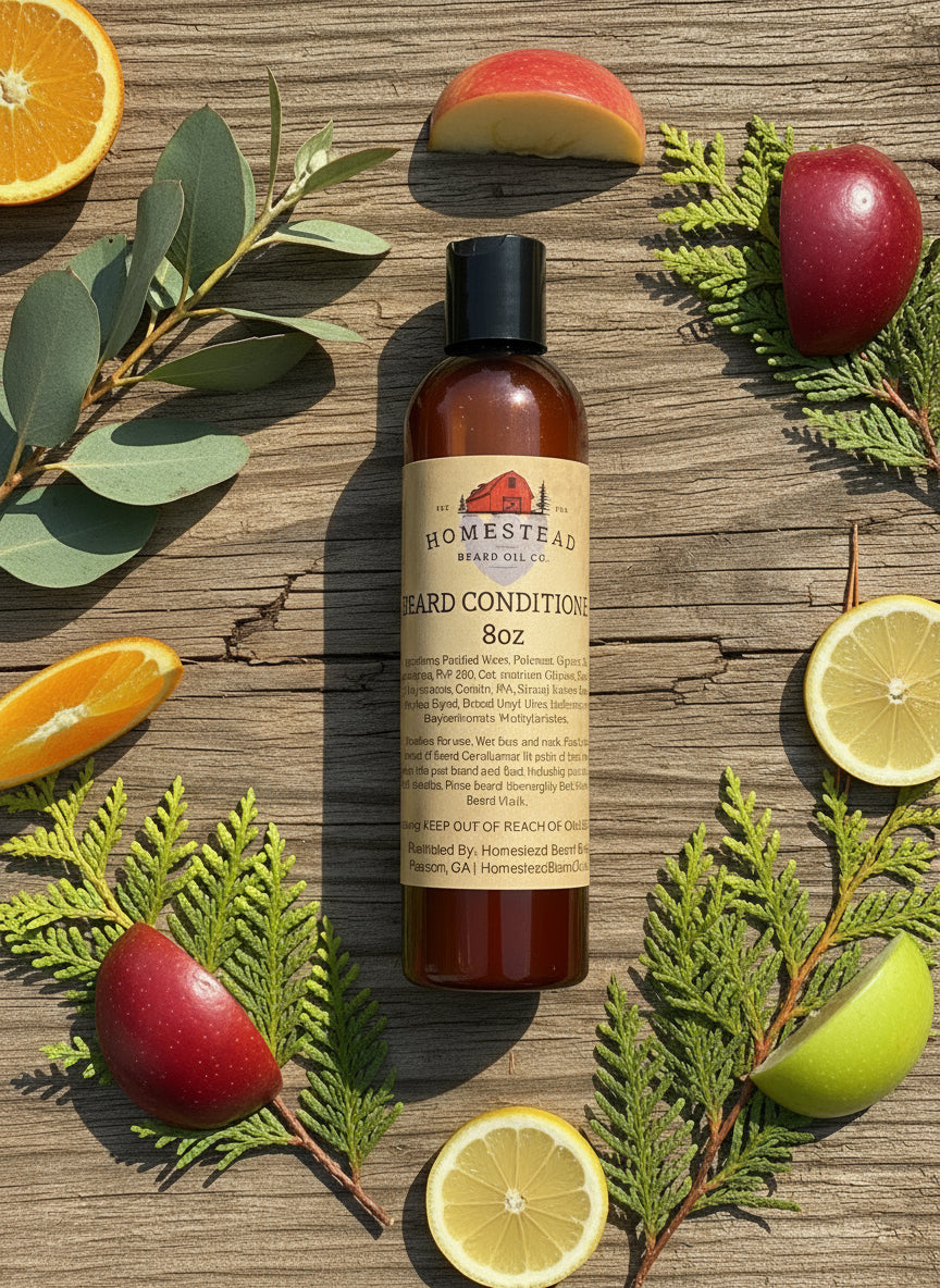 Bottle of beard conditioner on a textured surface