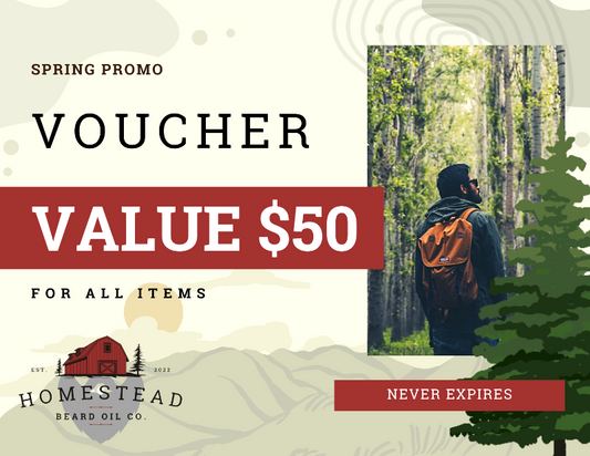 A digital gift card from Homestead Beard Oil with a image of a man in a forest, indicating a value of $50 and no expiration date.