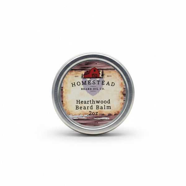 Homestead Beard Oil Co. Hearthwood Beard Balm container on a natural background
