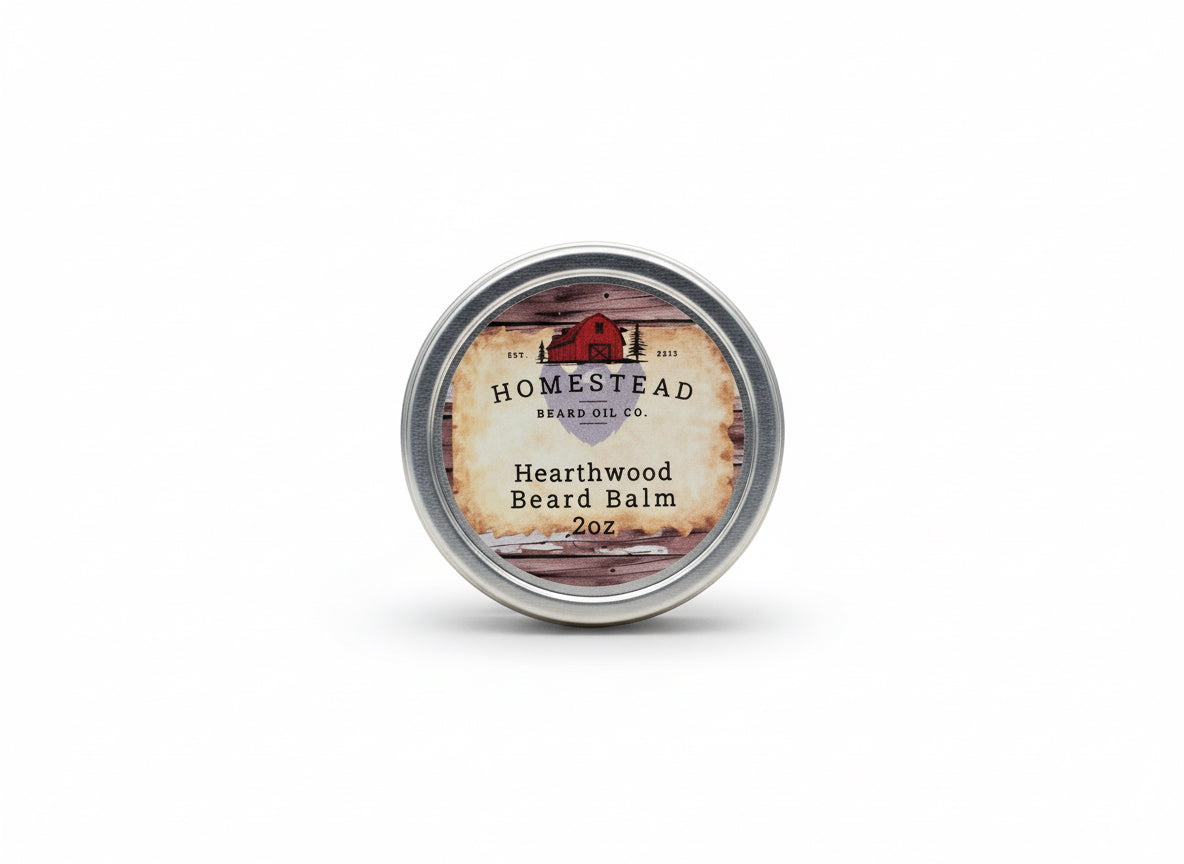 Homestead Beard Oil Co. Hearthwood Beard Balm container on a natural background