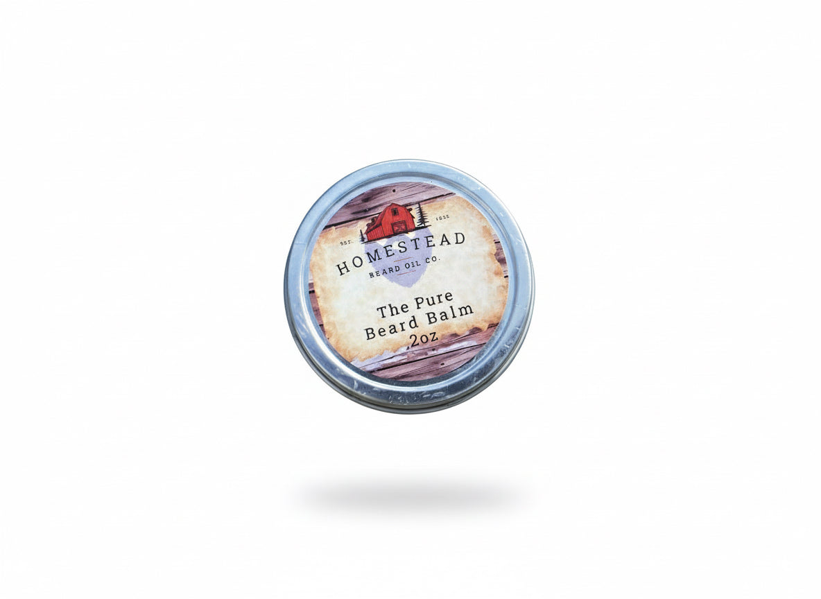 Homestead Beard Oil Co. The Pure Beard Balm container on a natural background