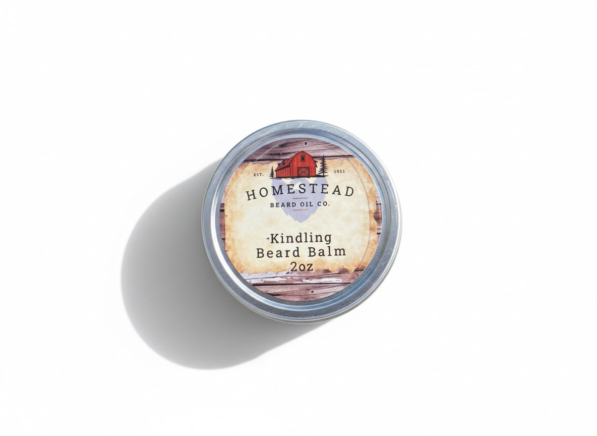 Homestead Beard Oil Co. Kindling Beard Balm container on a natural background