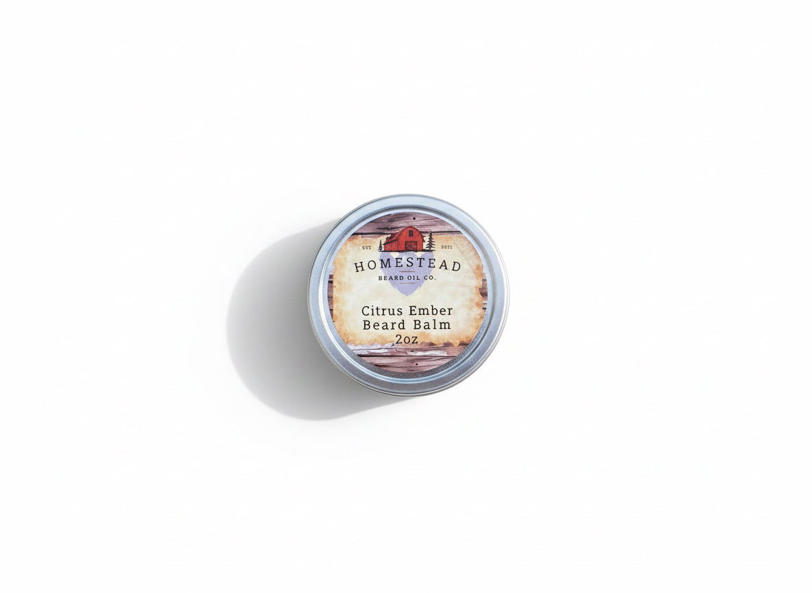Jar of Homestead Beard Oil Co. Citrus Ember Beard Balm on a natural background