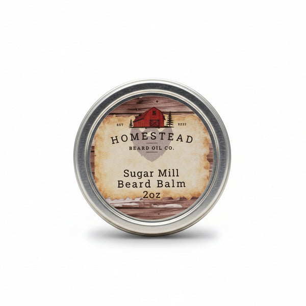 Homestead Sugar Mill Beard Balm container on a field background
