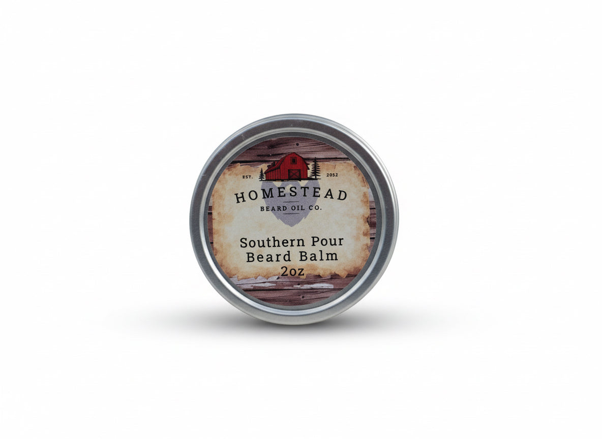 Homestead Beard Oil Co. Southern Pour Beard Balm container on a field background