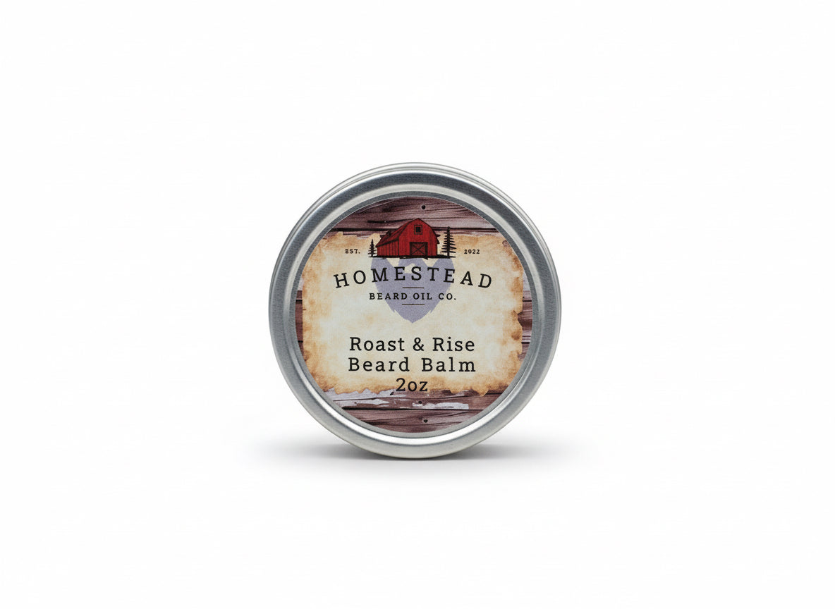 Beard balm container labeled 'Homestead Beard Oil Co' on a field background