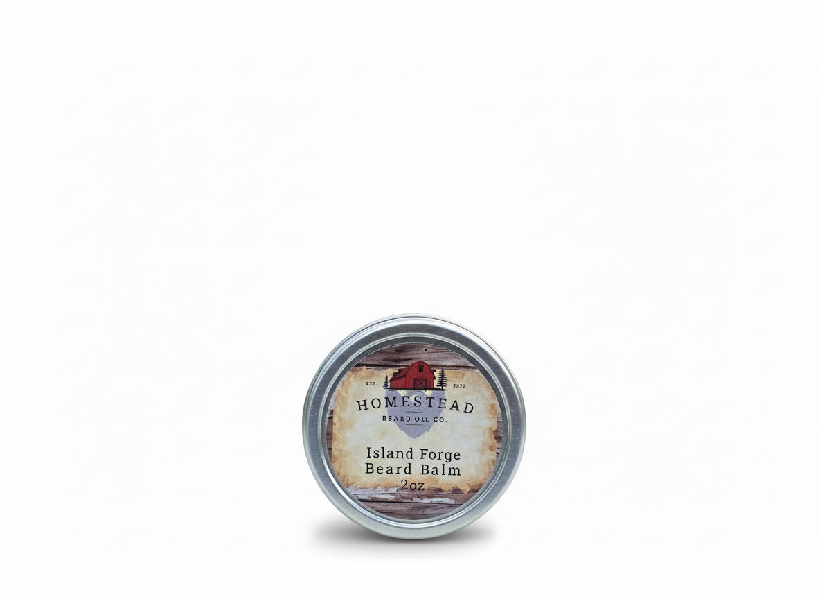 Homestead Beard Oil Co. Island Forge Beard Balm container on a natural background