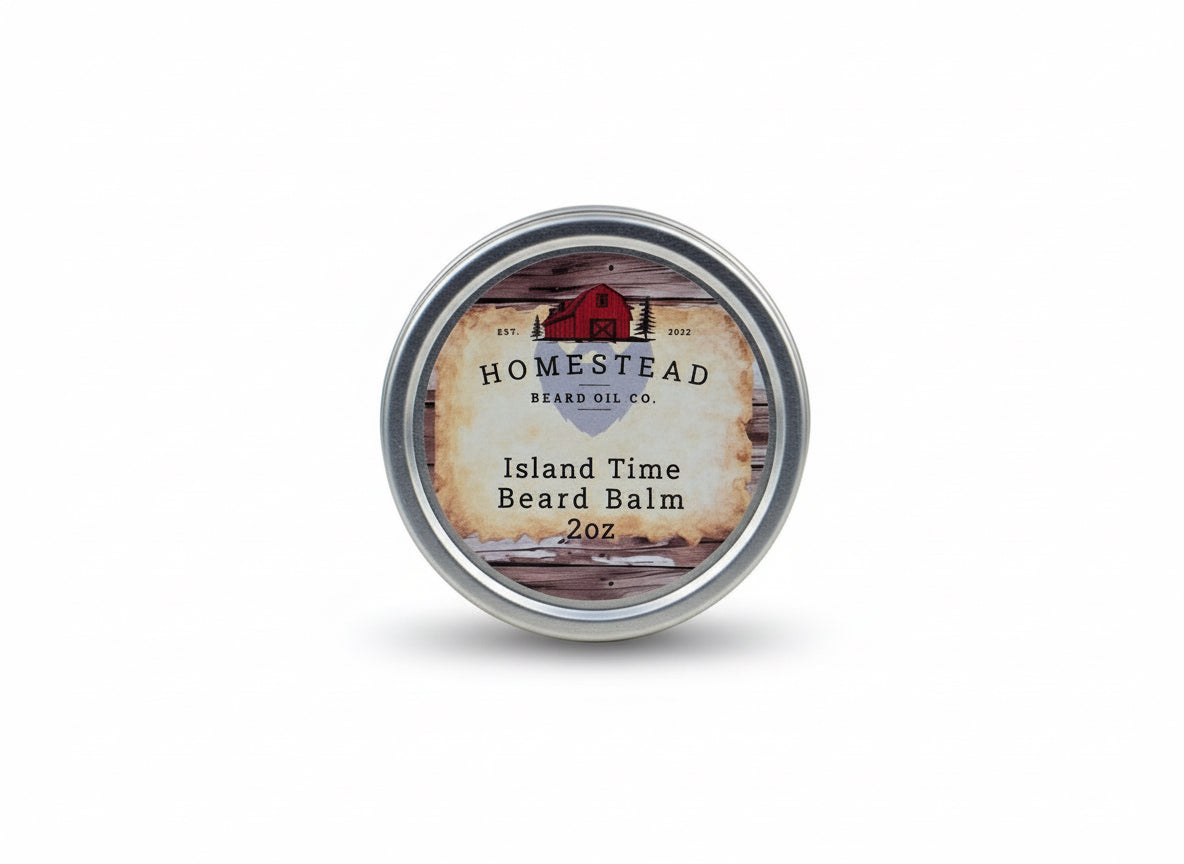 Homestead Beard Oil Co. Island Time Beard Balm container on grass with a scenic background