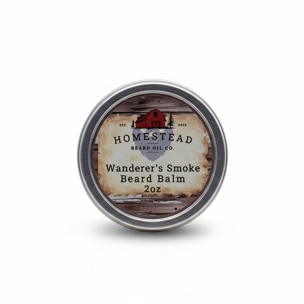 Jar of Homestead Beard Oil Co. Wanderer's Smoke Beard Balm on a hay bale with a cloudy sky background