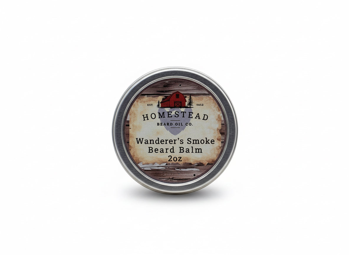 Jar of Homestead Beard Oil Co. Wanderer's Smoke Beard Balm on a hay bale with a cloudy sky background