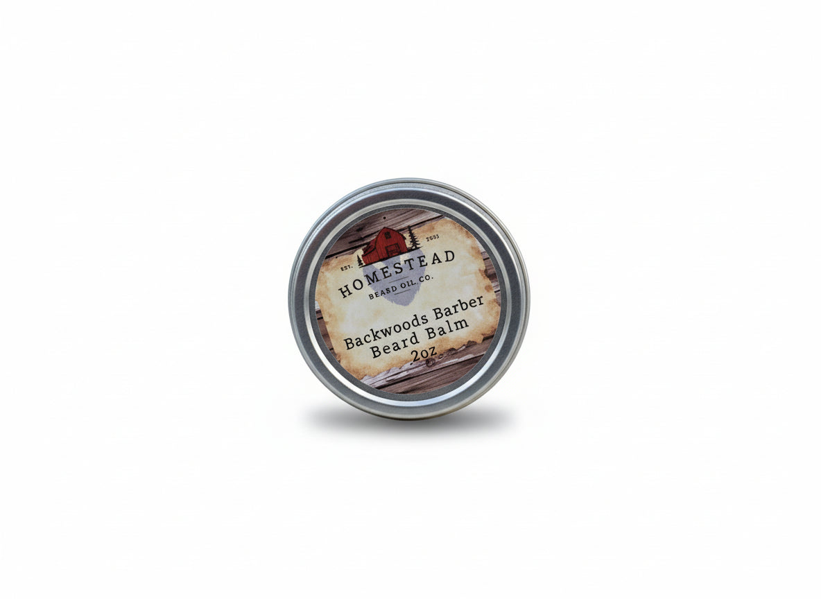 Homestead Beard Oil Co. Backwoods Barber Beard Balm container on a hay bale with a scenic background