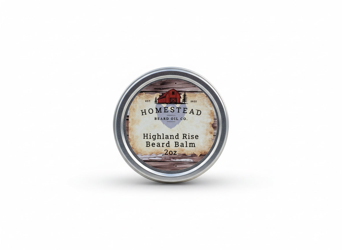 Homestead Beard Oil Co. Highland Rise Beard Balm container on grass with a field and trees in the background