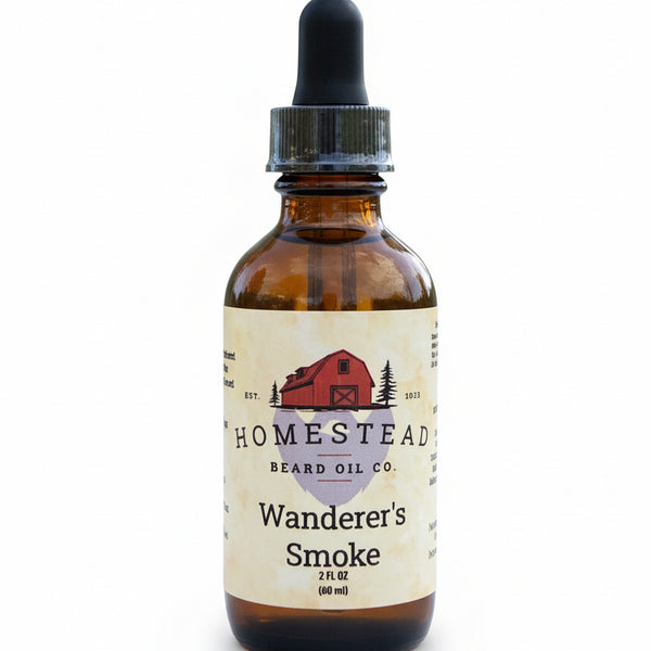 Bottle of Homestead Beard Oil Co. Wanderer's Smoke oil on a rustic background