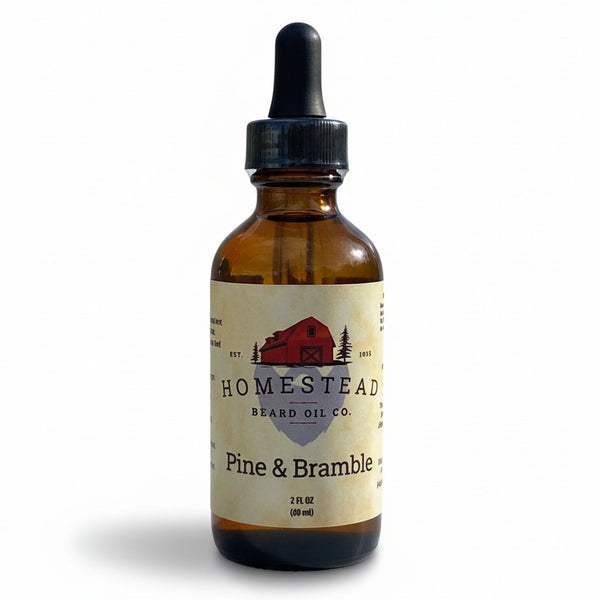 Bottle of Homestead Beard Oil Co. product against a natural background