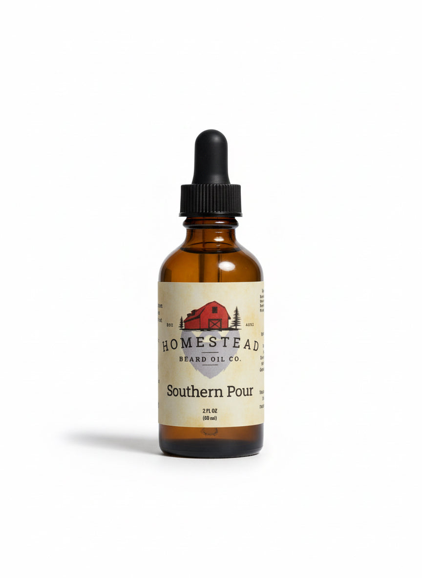 Bottle of Homestead Brand Oil Co. oil with a field and blue sky in the background