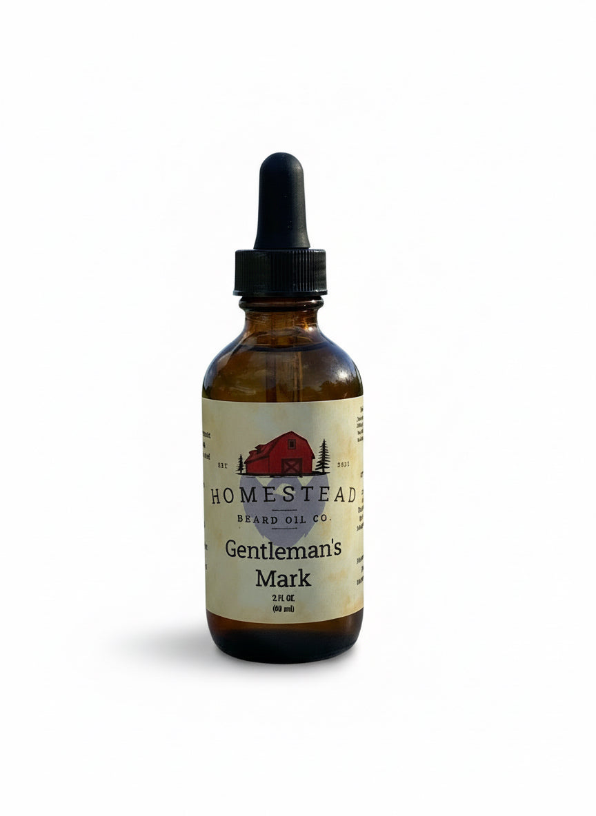 Bottle of Homestead Brand Oil Co. Gentleman's Mark oil with a field and blue sky in the background