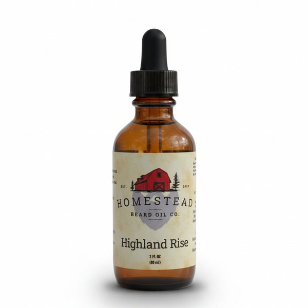Bottle of Homestead Beard Oil Co. Highland Rise beard oil on a grassy background