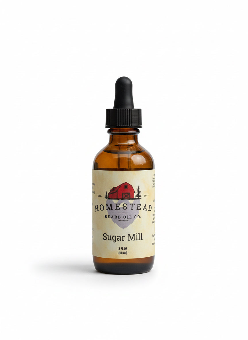 Bottle of Homestead Brand Oil Co. oil with a label on a blurred natural background