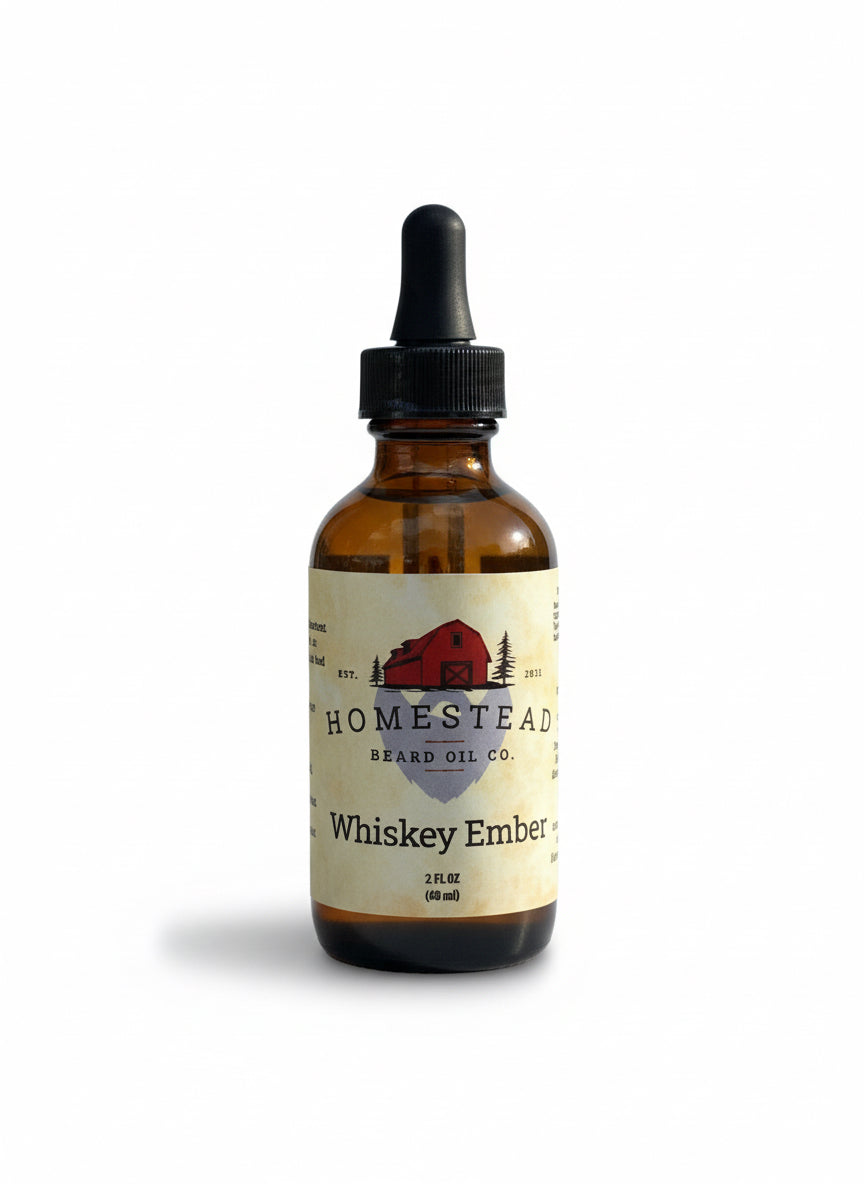 Bottle of Homestead Brand Oil Co. Whiskey Ember oil with a scenic background