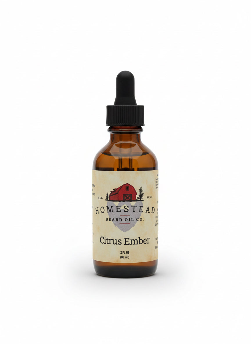 Bottle of Homestead Beard Oil with a scenic background