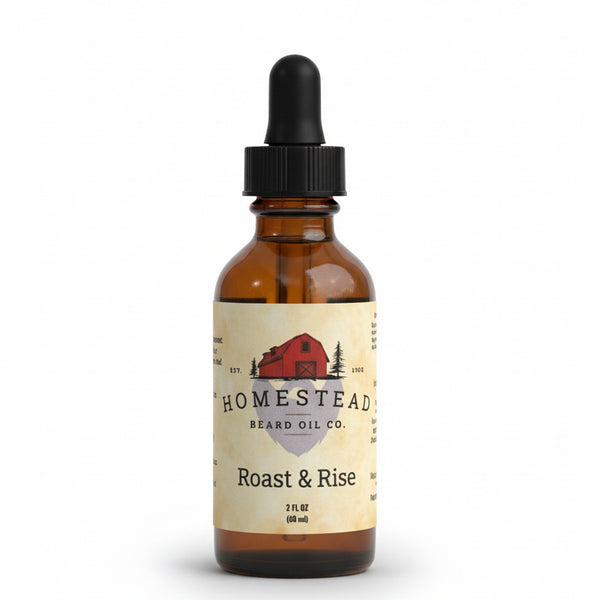 Bottle of Homestead Brand Oil Co. Roast & Rise oil with a field and blue sky in the background