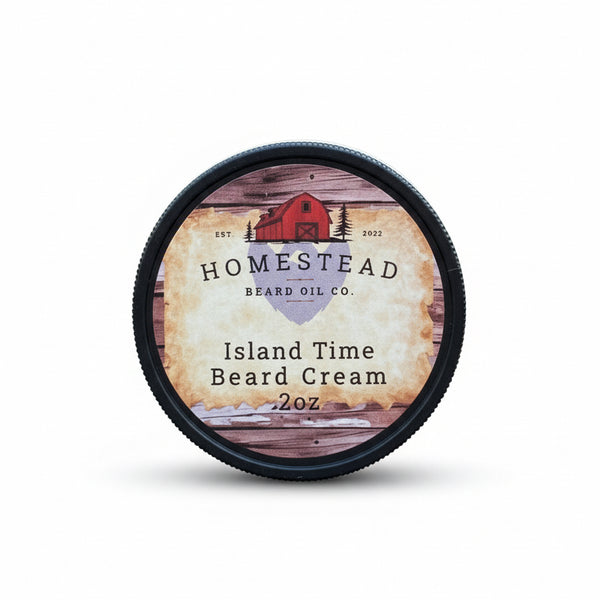 Homestead Island Time Beard Cream container on a hay bale with a scenic background