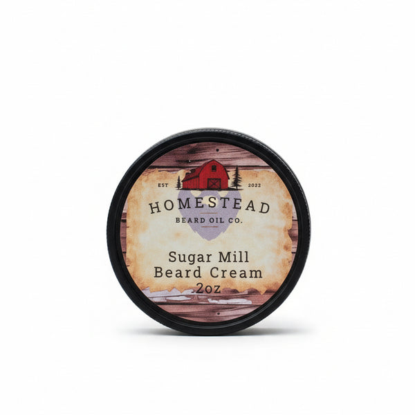 Homestead Beard Oil Co. product on a hay bale with a scenic background