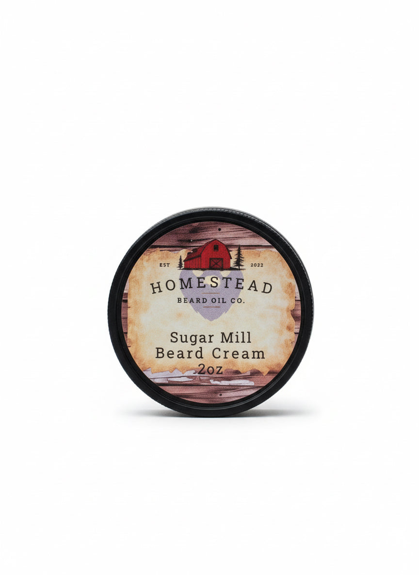 Homestead Beard Oil Co. product on a hay bale with a scenic background