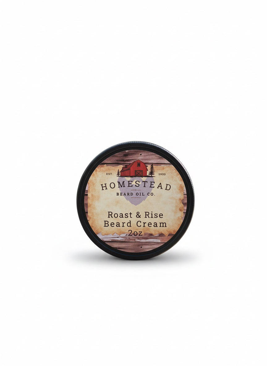 Jar of Homestead Beard Oil Co. Roast & Rise Beard Cream on grass with a blurred natural background