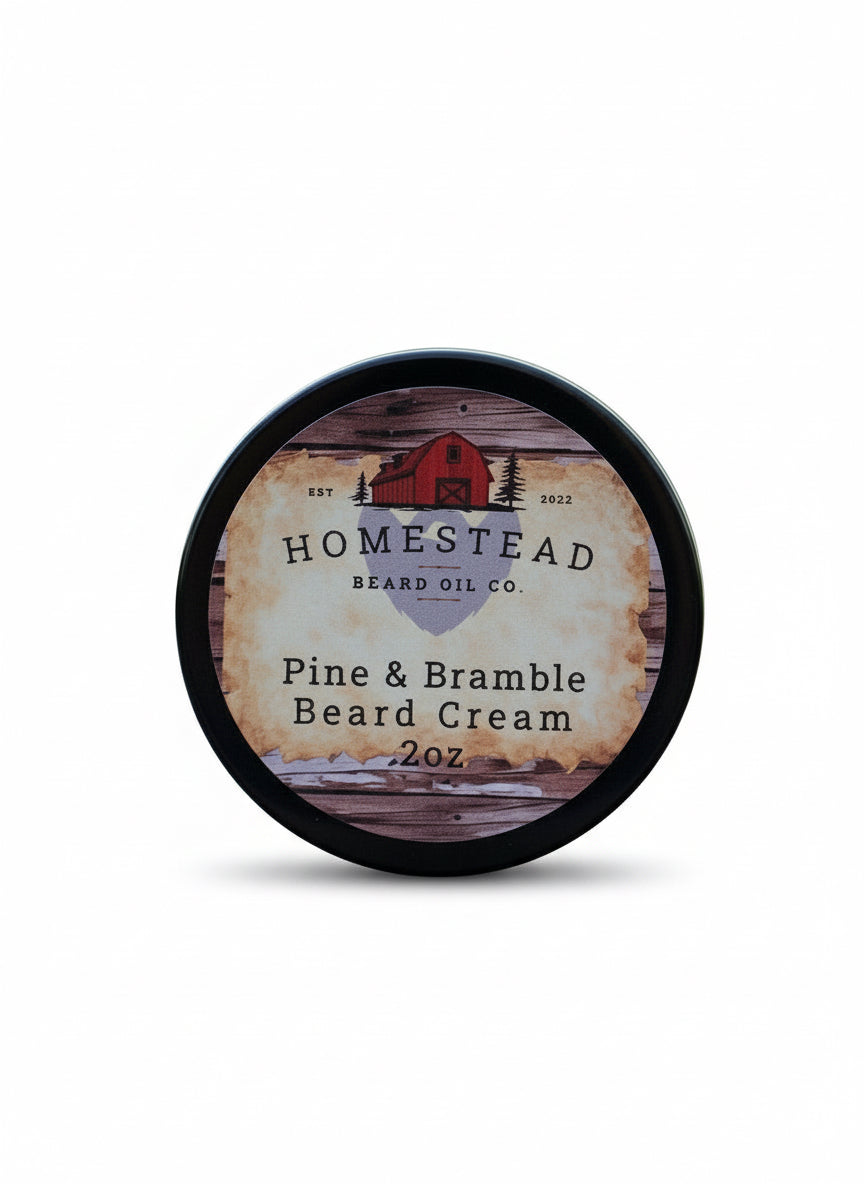 Jar of Homestead Beard Oil Co. Pine & Bramble Beard Cream on a bale of hay with a blue sky background.
