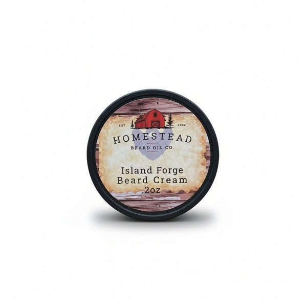 Beard cream container with Homestead Brand Oil Co. label on a natural background