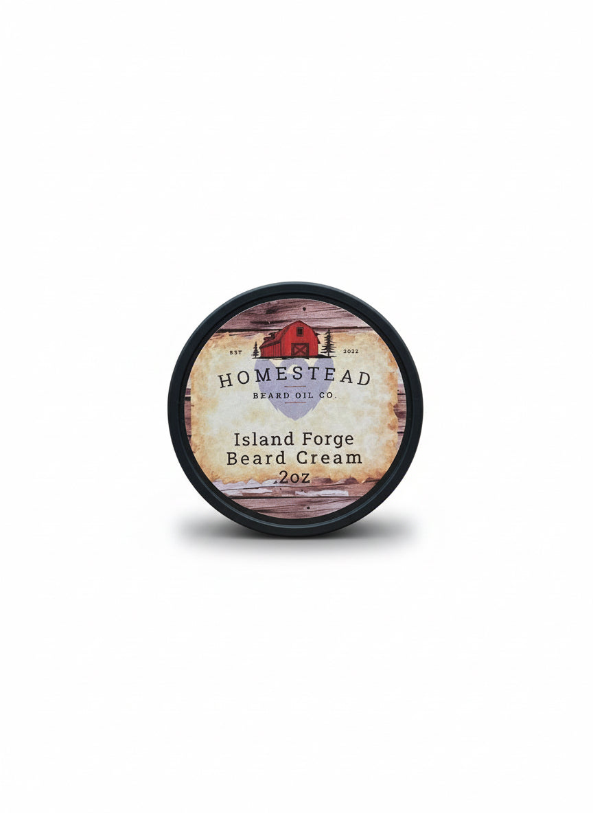 Beard cream container with Homestead Brand Oil Co. label on a natural background