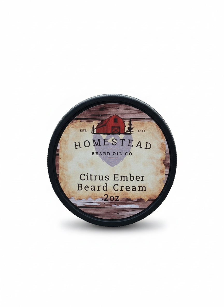 Homestead Beard Oil Co. Citrus Ember Beard Cream container on grass with a blurred natural background