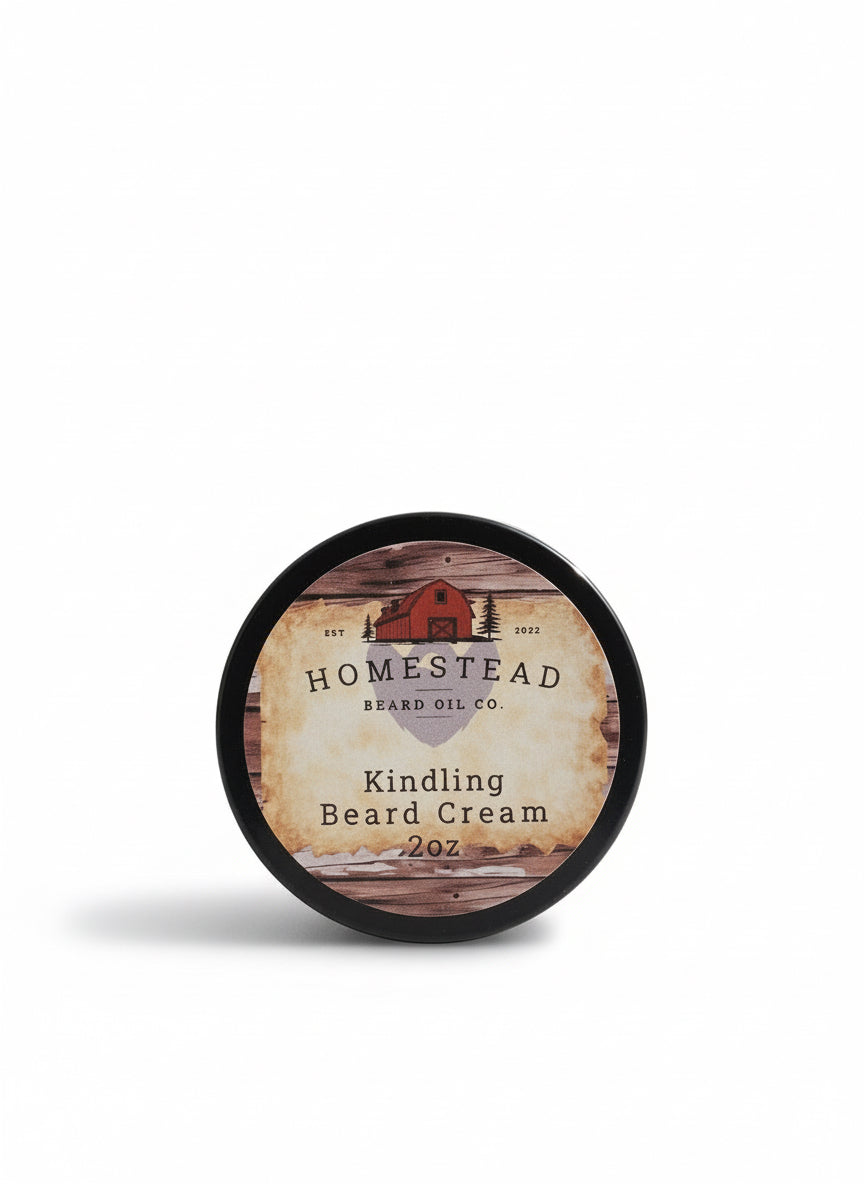 Homestead Beard Oil Co. Kindling Beard Cream container on a grassy background
